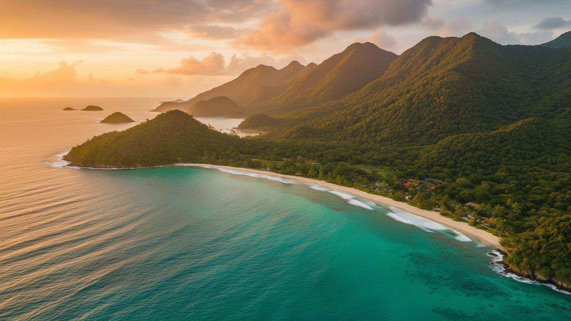 Aerial view of a tropical coast at sunset
